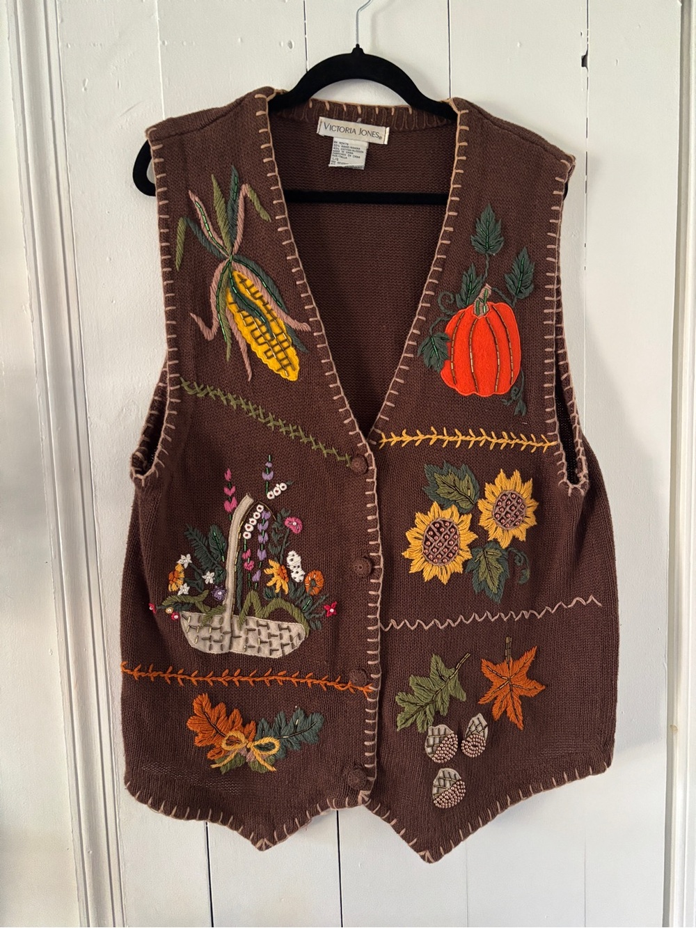 Victoria Jones Vintage Brown Embroidered Fall Harvest Vest Size L